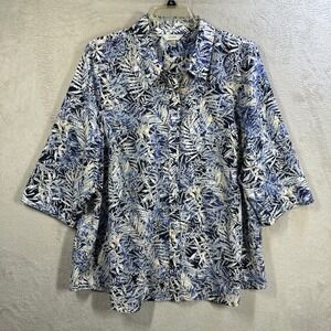 CJ Banks Womens 3X Blue White Tropical Leaf Button Down Shirt 3/4 Sleeve Top